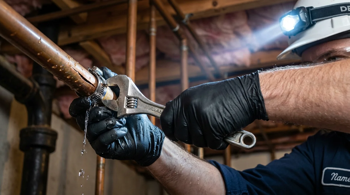 Emergency pipe clamp repair being performed by a Johns Plumbing LLC plumber in Wellborn